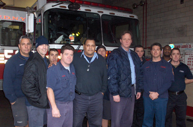 Members of Engine 70 and Ladder 53, (L to R) FF Matt Tringali, FF Joseph Florio, FF Charlie Piranio, FF Tim Conroy, Lt. Jose Garcia, FF Mark Babcock, Lt. Chris Kelly, FF Jim Nolan, FF Walter Henning, FF Andy Rondon and FF Billy Sherwin.
