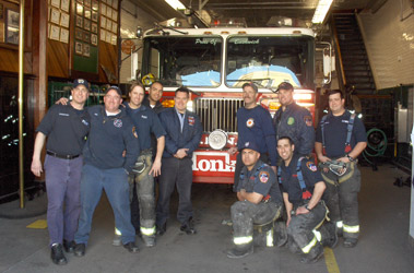 [L to R] FF Greg Fraccalvieri (L-124), FF Kevin Quinn (E-271), FF Robert Roscoe (L-124), FF Andy Castillo (assigned E-271, working in L-124), Lt. Robert Rochelle (L-124), [top row] FF John Finn (L-124), FF Brian Kelly (L-124), FF Chris Chiappetta, [bottom row] FF Carlos Ruiz (E-271) and FF Scott Carrella (E-271).