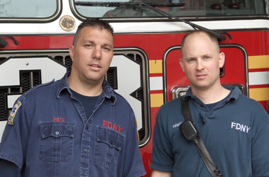 Firefighters Patrick Mataraza (right) from Ladder 33 and Jay Prete from Engine 48, who helped rescue a family from a fire in the Bronx.