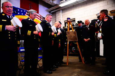A plaque is dedicated at Ladder 39 honoring their centennial.