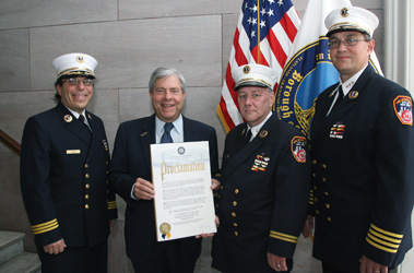 (L to R) EMS Assistant Chief Jerry Gombo, Brooklyn Borough President Marty Markowitz, EMS Division Chief Robert Hannafey and Chief of EMS John Peruggia.