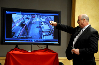 Chief Fire Marshal Robert Byrnes explains the video showing Jared Devonish and Neftatarah Meyerdierks starting a fire at a Brooklyn Target store to distract employees as they stole eight flat-screen televisions.
