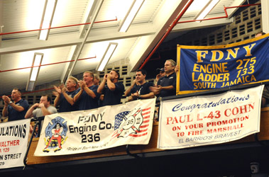 Firefighters from throughout the five boroughs came to the ceremony to cheer for their colleagues.