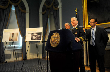 Chief of Fire Prevention Richard Tobin speaks about the dangers of illegal apartment conversions during a press conference at City Hall with Mayor Michael Bloomberg (left) and Buildings Commissioner Robert LiMandri.