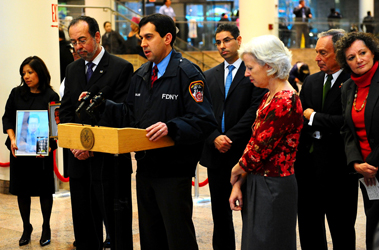 Dr. Bradley Kaufman, Division Medical Director for the FDNY, addresses the media. 