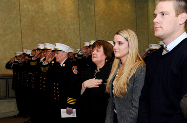 The promoted members, including Chief of Training Thomas Galvin, Chief of Fire Prevention Thomas Jensen, Chief of Safety and Inspectional Services Command Stephen Raynis, Brooklyn Borough Commander James Leonard and Acting Staten Island Borough Commander Michael Marrone.