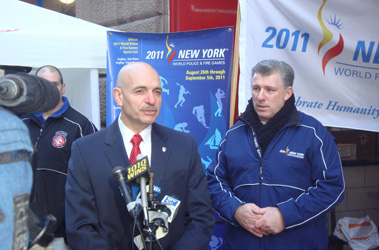 Fire Commissioner Salvatore Cassano and Capt. Joe Brosi, Chief Operating Officer for the WPFG, work to recruit volunteers for the summer games.