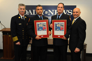(L to R) Chief of Department Edward Kilduff, Firefighter Joseph Dunn, Firefighter Kevin Hogan and Fire Commissioner Salvatore Cassano.