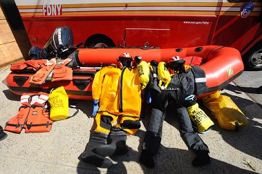 One of the three rescue boats used to rescue residents on Staten Island after Hurricane Irene. Inside the boats are the wetsuits firefighters wore during the operation.