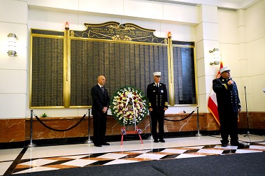 Fire Commissioner Salvatore Cassano and Chief of Department Edward Kilduff lay a wreath at the Memorial Wall at FDNY Headquarters, with the names of all FDNY members killed in the line of duty -- including 9/11.