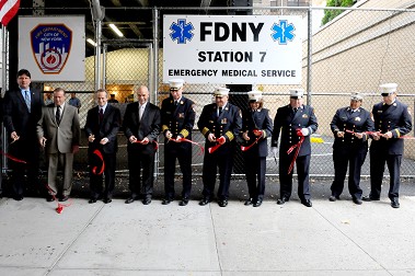 FDNY members cut the ribbon, officially opening EMS Station 7 in Manhattan.