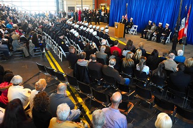 Fire Commissioner Salvatore Cassano addresses the large crowd.