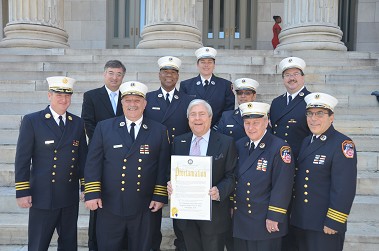 (L to R) Front row: Deputy Assistant Chief James Leonard, Chief of EMS Abdo Nahmod, Brooklyn Borough President Marty Markowitz, Division Chief Robert Hannafey, Assistant Chief of EMS Jerry Z. Gombo. Back row: Division 3 Medical Director Dr. David Ben-ali, Division Chief Roger Ahee, Captain Lilian Bonsignore, Deputy Chief Geraldine Guarneri, Deputy Chief John Nevins.
