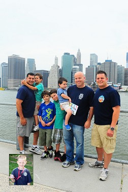 (L to R) FF Bill Patsakos, Aiden Patsakos, Jake Patsakos, Seth Patsakos, Peter McElhinney, Capt. Thomas McElhinney, FF Daniel Ambrosio and Christopher Ambrosio (inset).