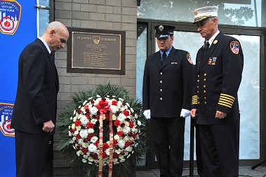 A wreath was laid at the plaque on 23rd Street and Broadway by Fire Commissioner Salvatore Cassano, Chief of Department Edward Kilduff and Firefighter Brian Finley, whose grandfather, Lt. John Finley, was killed at the fire.