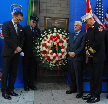(L to R) Fire Commissioner Daniel Nigro, Firefighter Brian Finley (whose grandfather, Lt. John Finley, was killed in the fire), retired FDNY Capt. Manny Fernandez (who responded to the fire as a firefighter in Engine 18), and Assistant Chief John Sudnik.