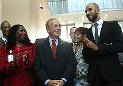 Mayor Bloomberg with Harlem Hospital Exec. Dir. Denise Soares, RN, MA; HHC Global Ambassador Swizz Beatz; and other VIPs.