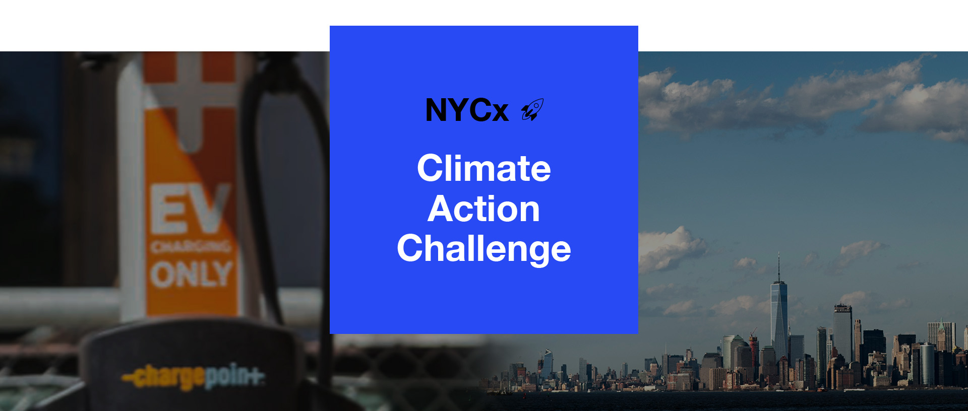 Header Image of blue square with text that reads: NYCx: Climate Action Challenge