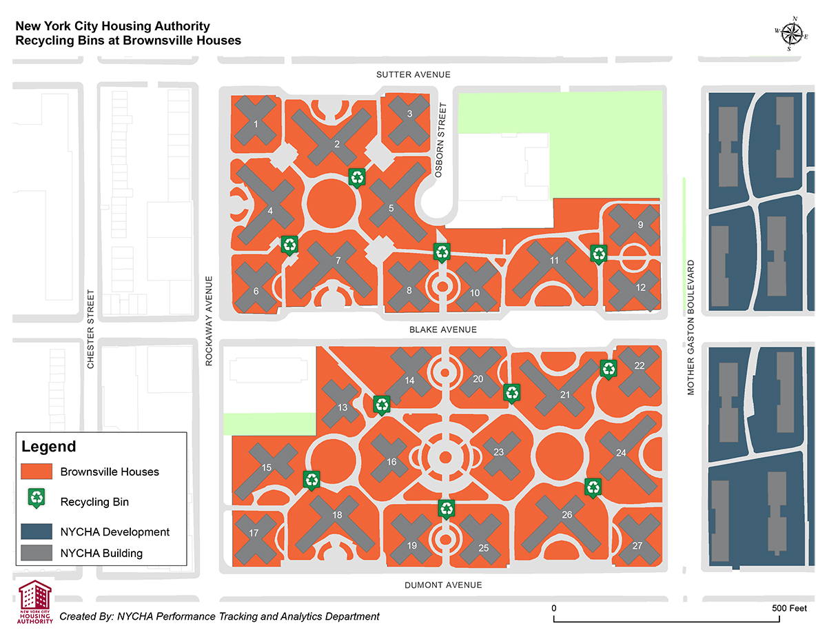 Map of recycling bins at NYCHA Brownsville Houses
