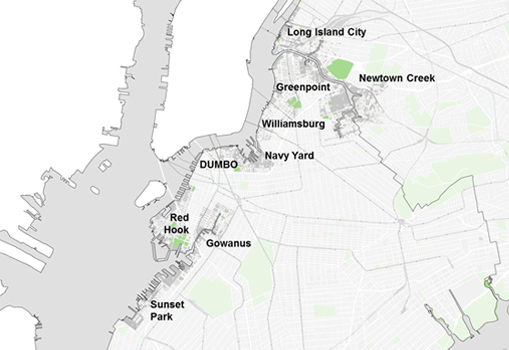 Arial map of Brooklyn/Queens Waterfront impact area