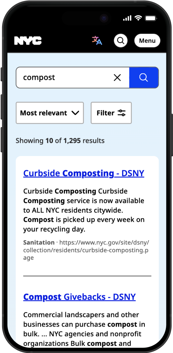 Mobile screenshot of the nyc.gov search showing results for compost