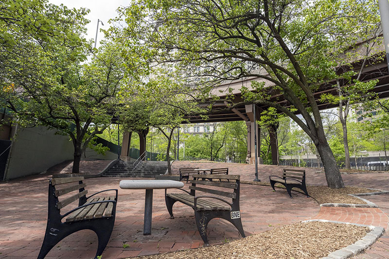 North side of “the Arches,” revitalized public space under the Brooklyn Bridge