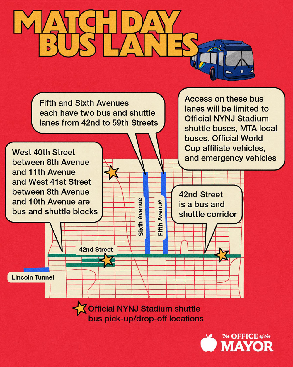 Match Day Bus Lane, Two bus and shuttle lanes from 42nd and 59th, 