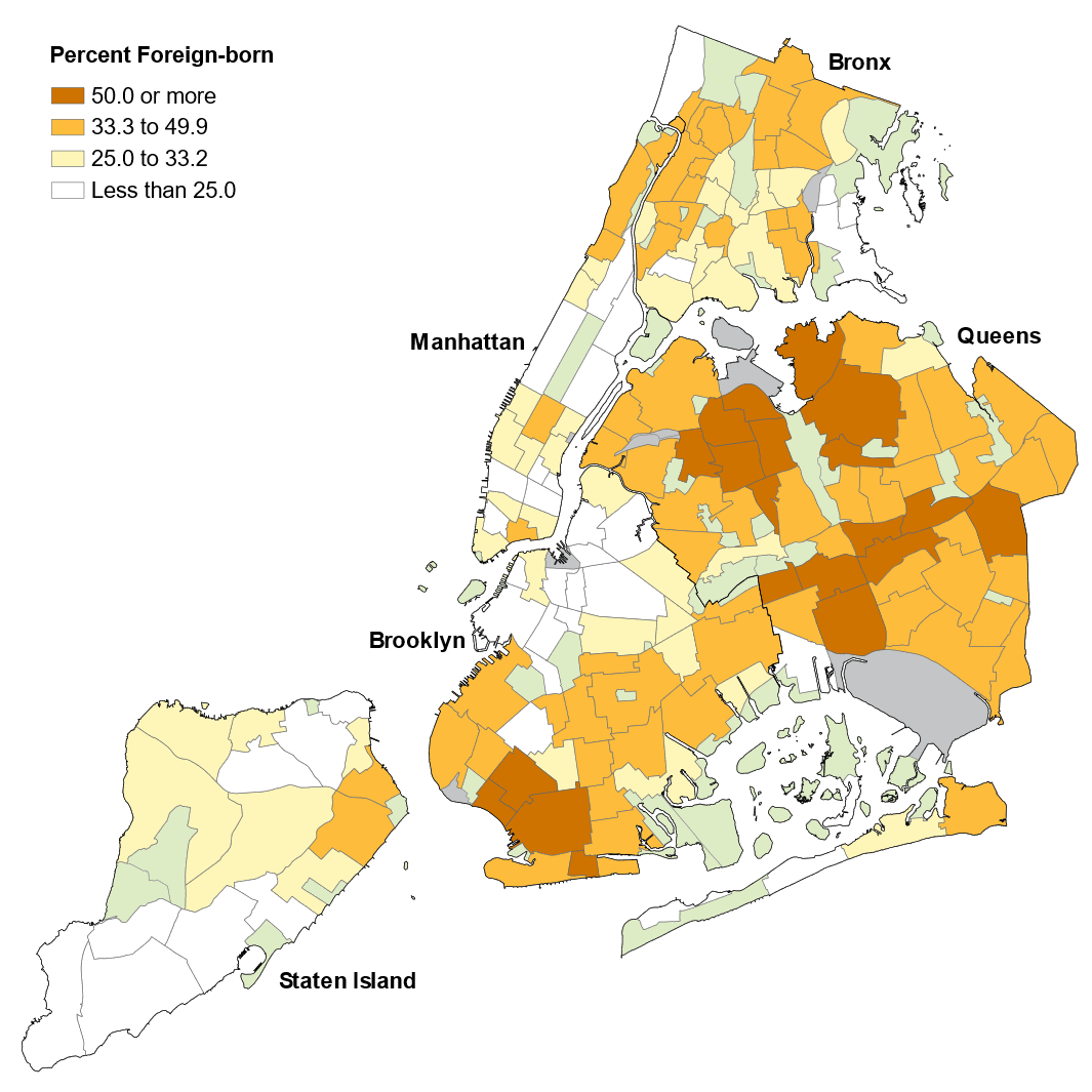 Foreign-born Share of Total Population by Neighborhood, 2019-2023  