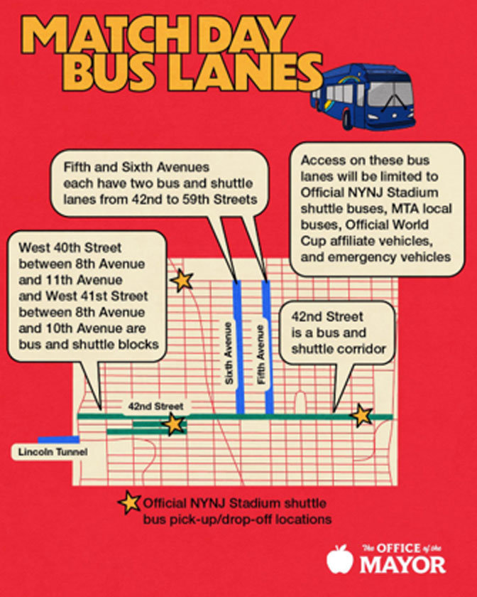 match day bus lane, official N Y N J stadium shuttle bus at 42nd street 