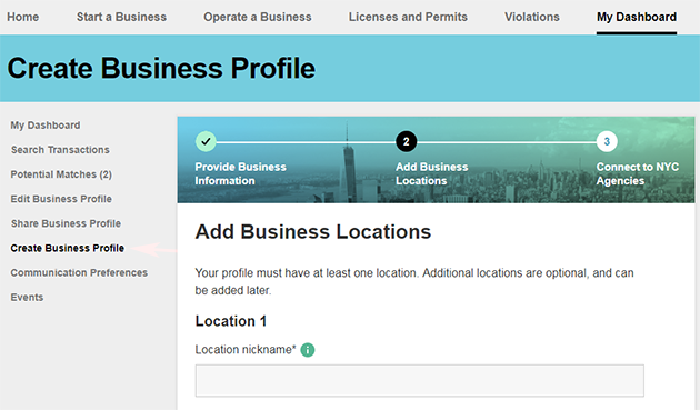 A screenshot of part two of the Create Business Profile page, with the Add Business Locations form shown.