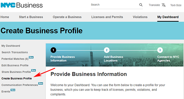 A screenshot of the Create Business Profile page.