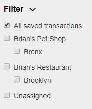This screenshot shows the filter from the left side of My Dashboard. There are checkboxes for each of the Profiles and Locations on the Dashboard, as well as an Unassigned box.