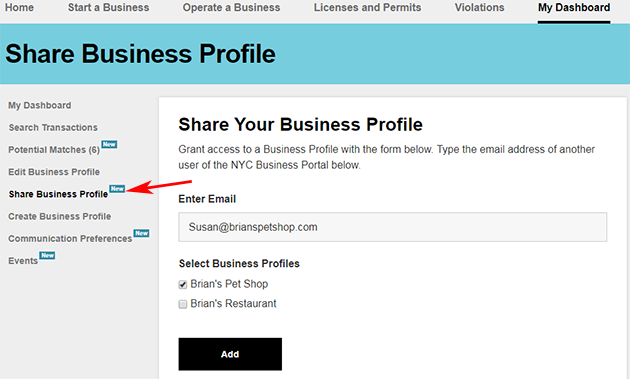 A screenshot of the Share Business Profile page.