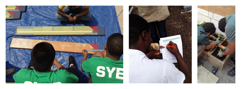 Image of young boys gardening, filing out paperwork, and working with wood.