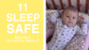 Baby in the crib looking up with yellow background on the left side with text that reads: 11, Safe Sleep, Baby gear: where can my baby sleep?