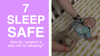Baby sleeping and parents arms. Purple background on the left side with text that reads: 7, How do I prepare a Safe Sleep crib for sleeping?