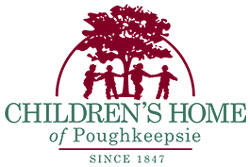 Children's Home of Poughkeepsie Logo With Red Silhouettes Dancing Under Silhouette of Red Tree. Written below is :Since 1847