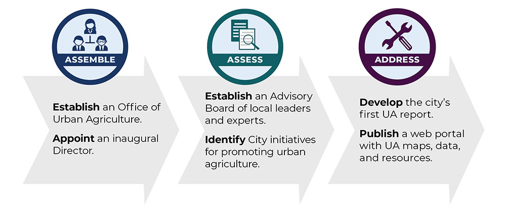 1- Establish an Office of Urban Agriculture. Appoint an inaugural Director. 2- Establish an Advisory Board of local leaders and experts. Identify City initiatives for promoting urban agriculture. 3- Develop the city's first UA report. Publish a web portal with UA maps, data, and resources. 