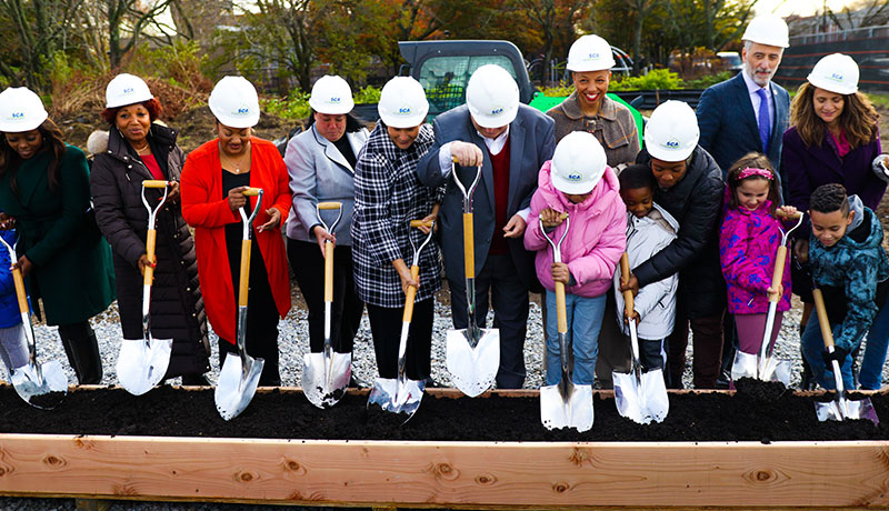 Historic groundbreaking of the P.S. 312 Learning Garden with elected officials, leadership from the NYC SCA District 22, and the Mayor's Office of Urban Agriculture, along with community members and students from P.S. 203, P.S. 312 and I.S. 78.