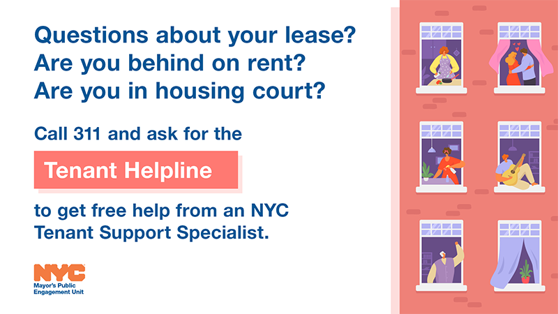 an illustrations of a six group of people do different activity in the build on the right, text on left read, call 311 and ask for the Tenant Helpline.