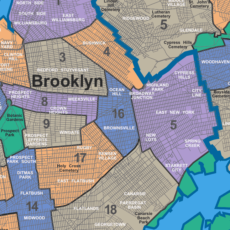 Map of community boards in Brooklyn with focus on CB 16 and its surrounding districts