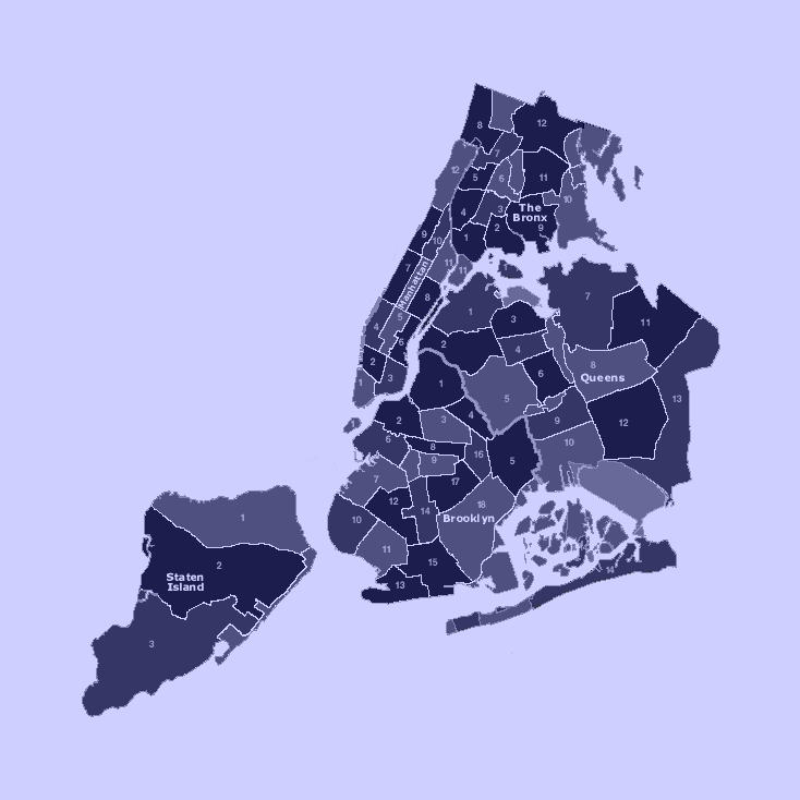 Map of the five boroughs separated by community board