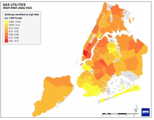 Map of NYC, by community board, showing that the highest density of high-risk  notifications is in lower Manhattan