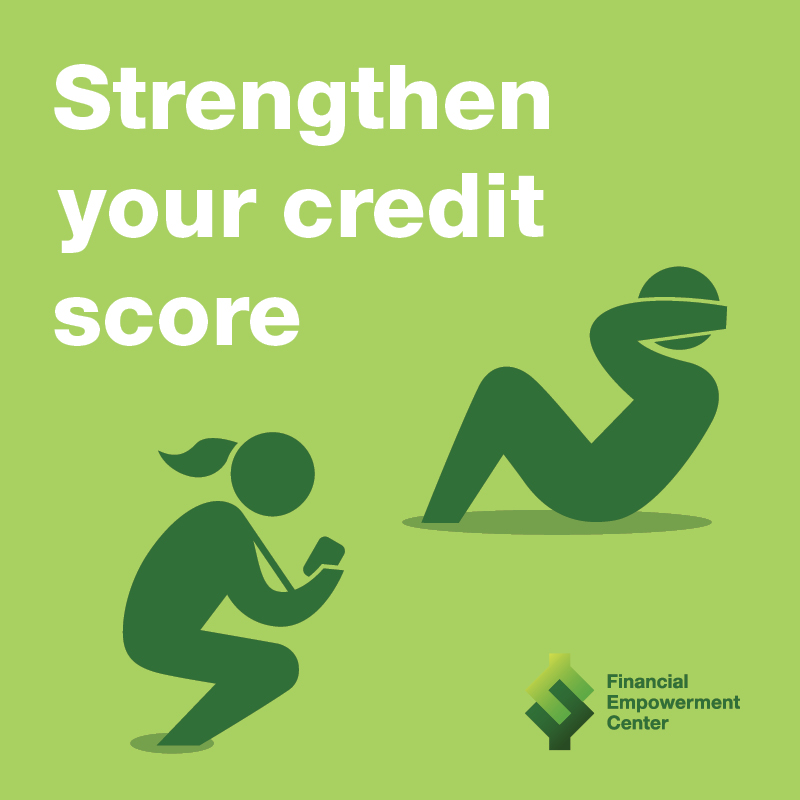 Ad campaign featuring icon of trainer watching trainee do sit ups and tagline reads Strengthen your credit score
