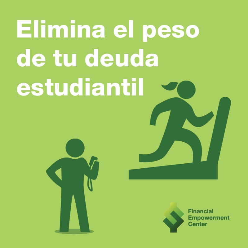 Ad campaign featuring icon of trainer watching trainee run on treadmill and tagline reads Elimina el peso de tu deuda estudiantil