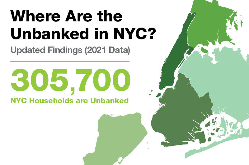 Research report cover for 2021 Unbanked Report featuring map of NYC
                                           