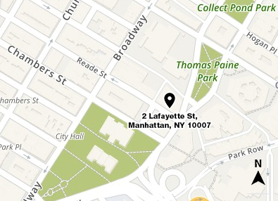 Map shows in red the location of 2 Lafayette Street in Manhattan and a small area of the surrounding streets