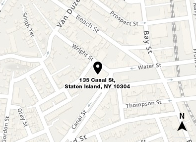 Map shows in red the location of 135 Canal Street in Staten Island and a small area of the surrounding streets