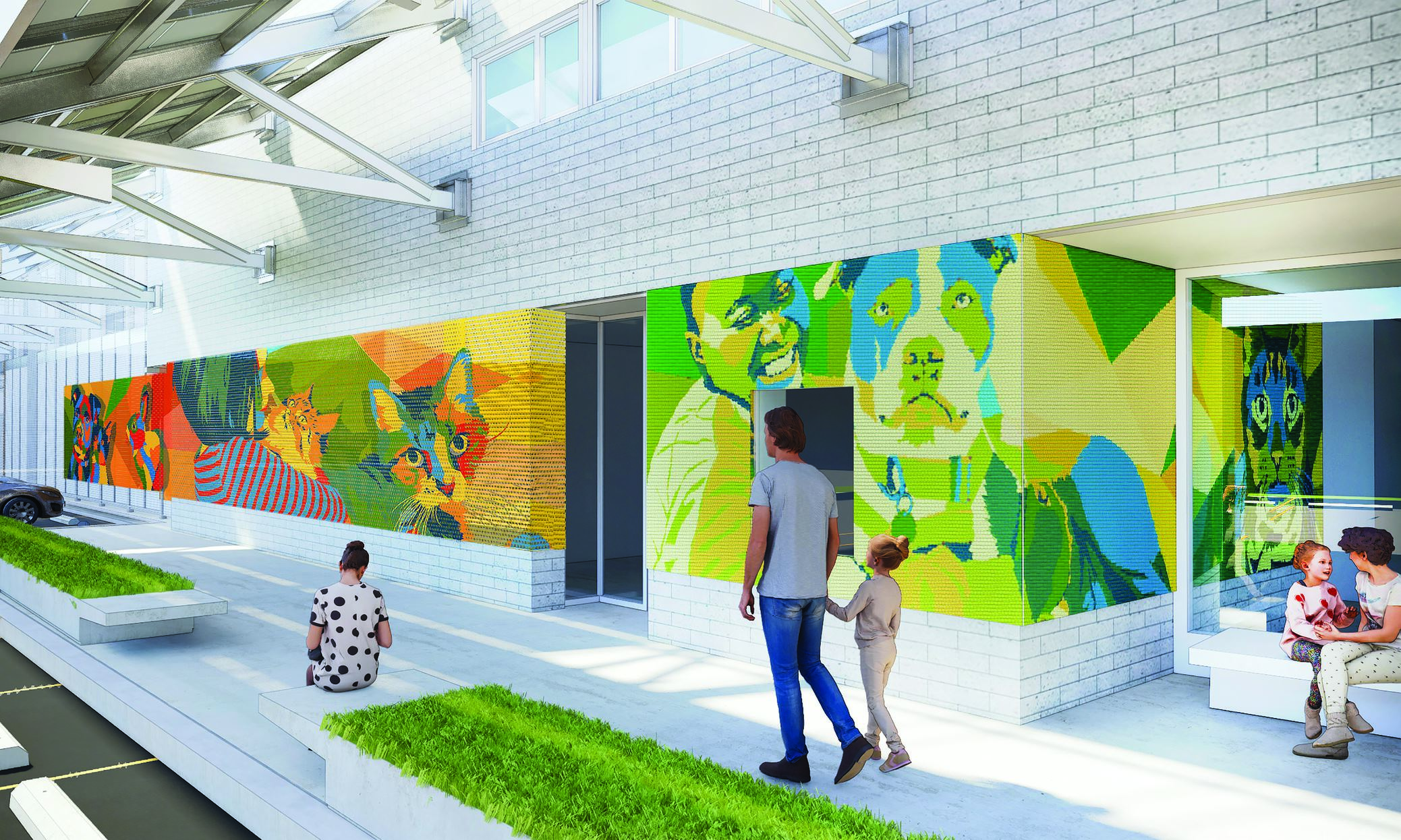 a rendering of people walking by a mural featuring animals