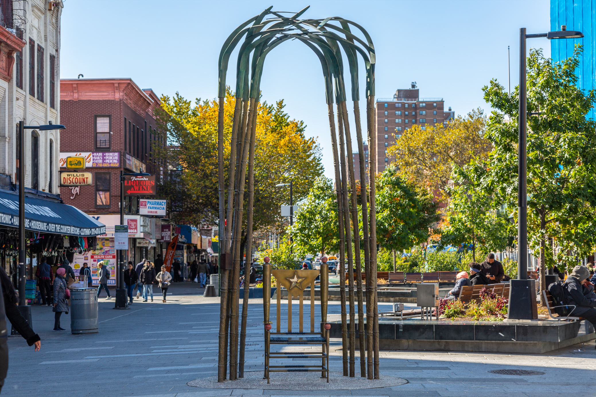 the installation stands at Roberto Clemente Plaza in the Bronx